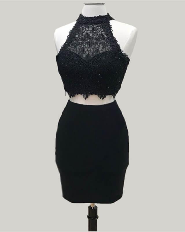 Two Piece Black Homecoming Dress Lace Crop Top - RongMoon