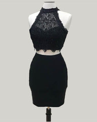 Two Piece Black Homecoming Dress Lace Crop Top - RongMoon