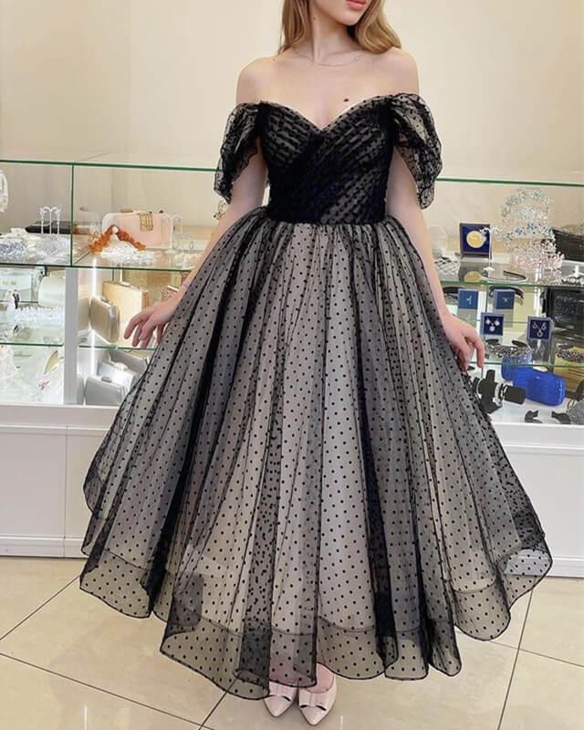 Black And Nude Tulle Tea Length Ball Gown - RongMoon