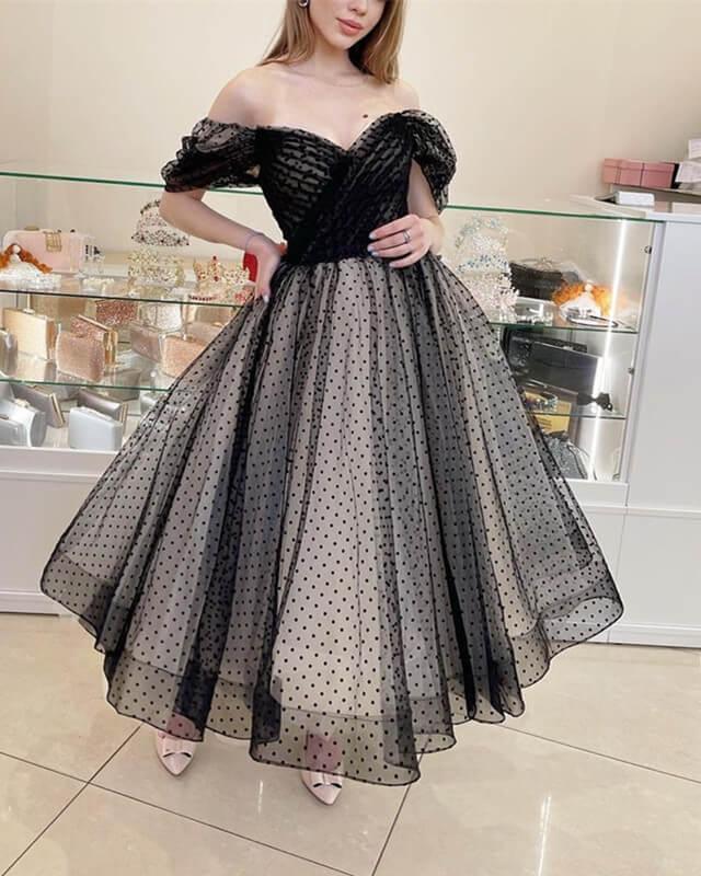 Black And Nude Tulle Tea Length Ball Gown - RongMoon