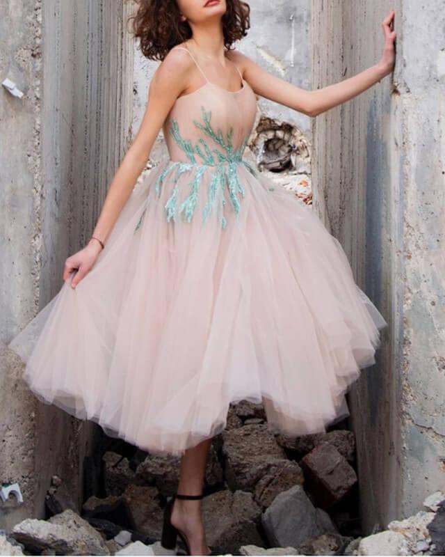 Nude Tulle Sweetheart Embroidery Tea Length Ball Gown - RongMoon