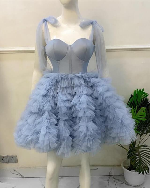 Short Blue Corset Tiered Tulle Ball Gown - RongMoon
