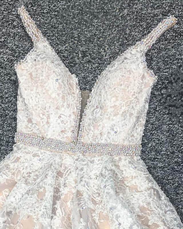 Ivory Lace Plunging V-neck Homecoming Dress - RongMoon