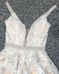 Ivory Lace Plunging V-neck Homecoming Dress - RongMoon