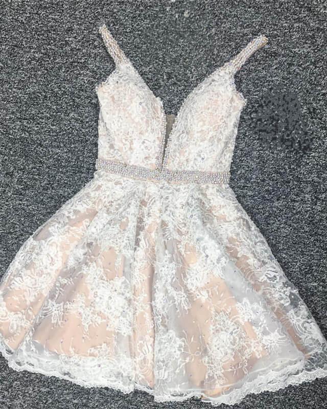 Ivory Lace Plunging V-neck Homecoming Dress - RongMoon