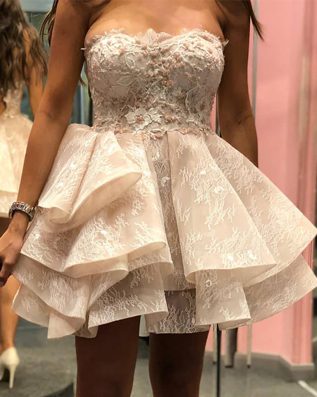 Cream Floral Lace Sweetheart Ruffles Homecoming Dress - RongMoon