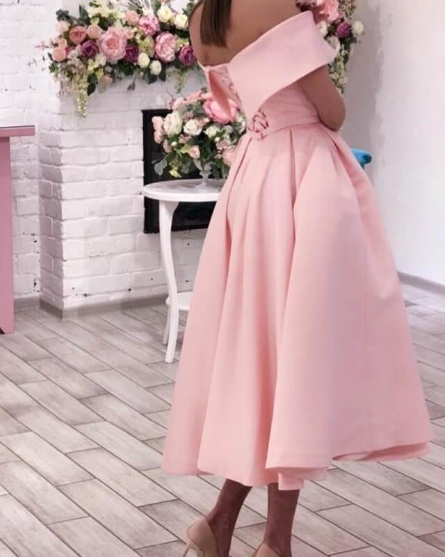 Blush Satin Off The Shoulder Tea Length Party Dress - RongMoon