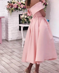Blush Satin Off The Shoulder Tea Length Party Dress - RongMoon