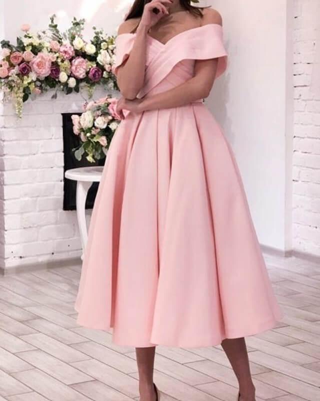 Blush Satin Off The Shoulder Tea Length Party Dress - RongMoon