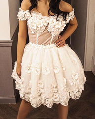 Off The Shoulder Sheer Bodice 3D Lace Embroidery Dress - RongMoon