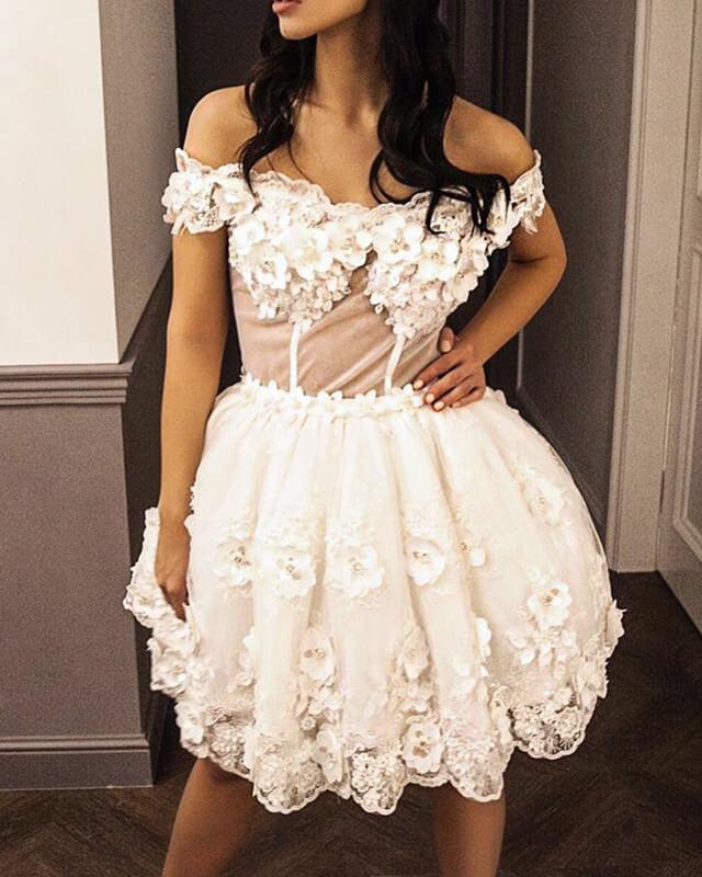Off The Shoulder Sheer Bodice 3D Lace Embroidery Dress - RongMoon