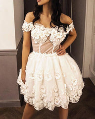 Off The Shoulder Sheer Bodice 3D Lace Embroidery Dress - RongMoon