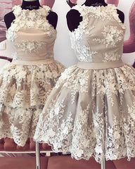 Nude Halter Homecoming Dress With Ivory Lace Flowers - RongMoon