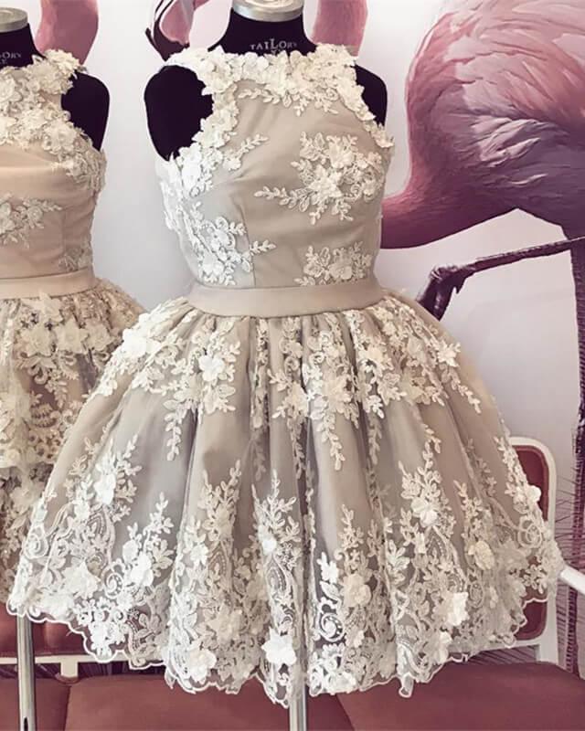 Nude Halter Homecoming Dress With Ivory Lace Flowers - RongMoon