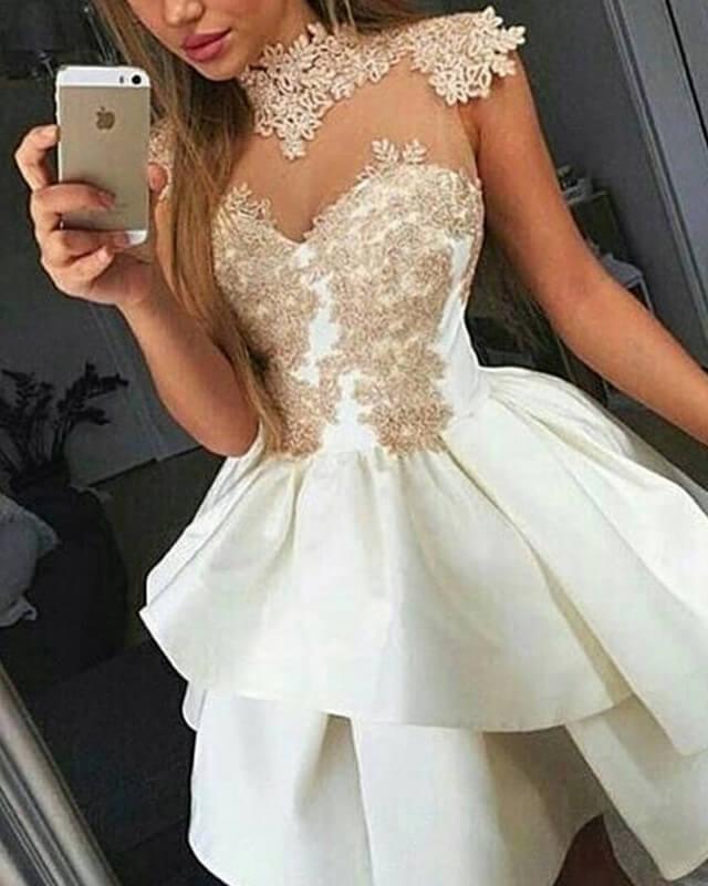 White Satin Ruffles Homecoming Dress With Cream Lace - RongMoon