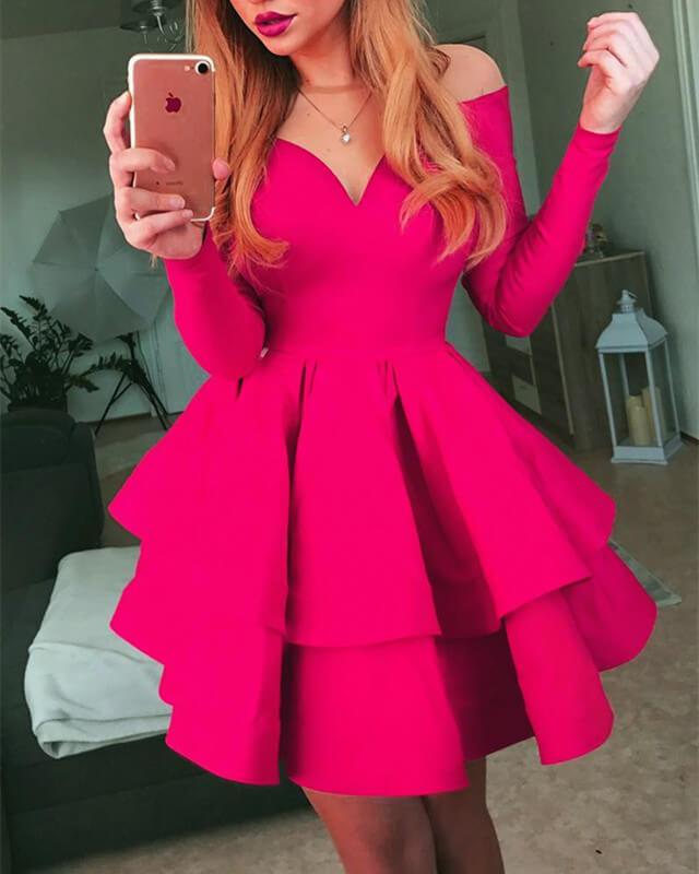 Red Sheer Neck Long Sleeve Prom Short Dress - RongMoon