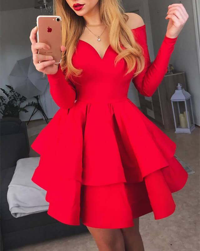 Red Sheer Neck Long Sleeve Prom Short Dress - RongMoon