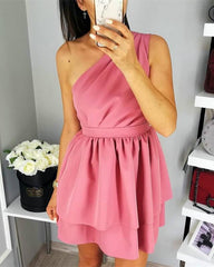 Teal One Shoulder Satin Homecoming Dress - RongMoon