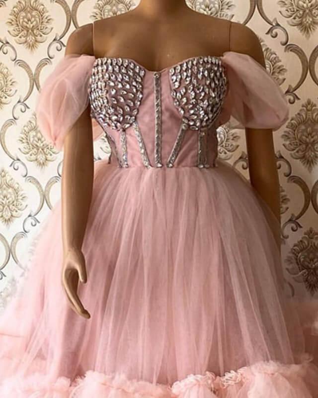Pink Tulle Beaded Corset Off The Shoulder Midi Dress - RongMoon