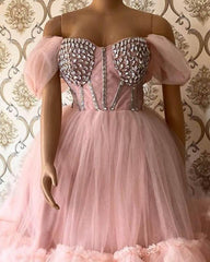 Pink Tulle Beaded Corset Off The Shoulder Midi Dress - RongMoon