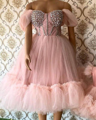 Pink Tulle Beaded Corset Off The Shoulder Midi Dress - RongMoon