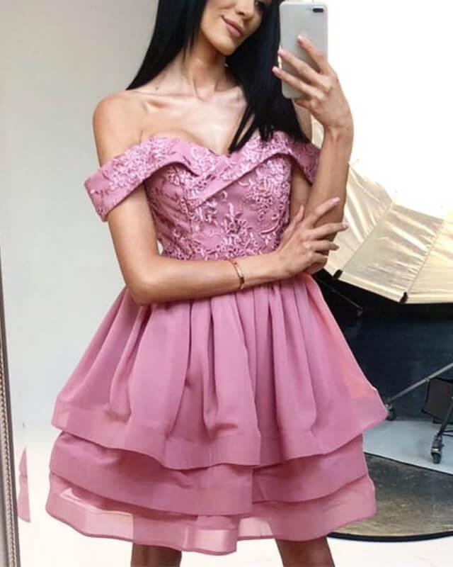 Mauve Off The Shoulder Lace Appliques Homecoming Dress - RongMoon
