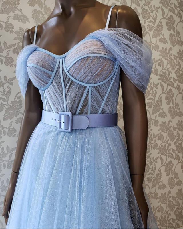 Blue Dot Tulle Off-the-shoulder Corset Dress - RongMoon