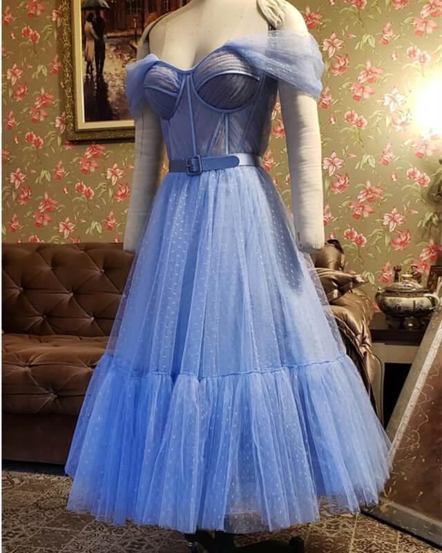 Blue Dot Tulle Off-the-shoulder Corset Dress - RongMoon