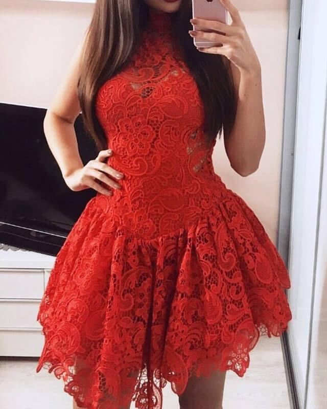 Short Lace High Neck Homecoming Dress - RongMoon