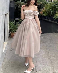 Nude Tulle Beaded Sweetheart Corset Midi Dress - RongMoon