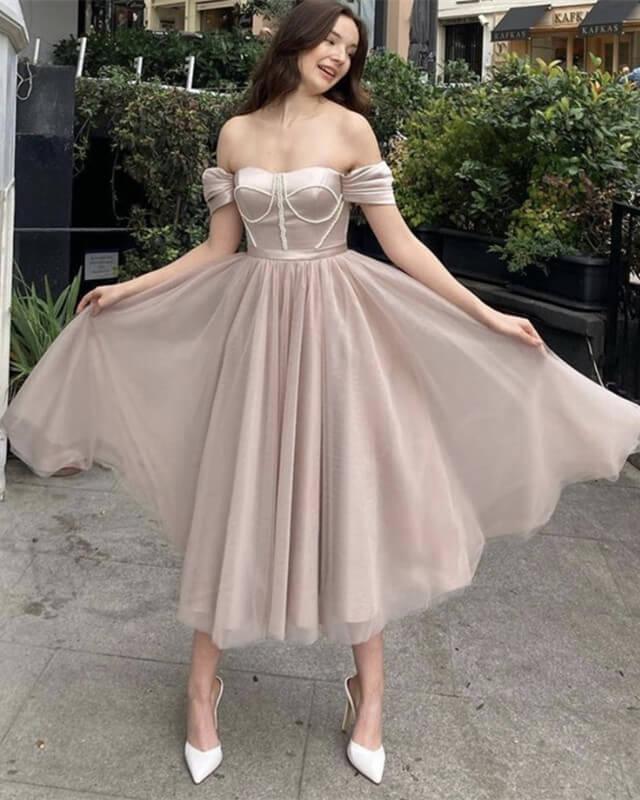 Nude Tulle Beaded Sweetheart Corset Midi Dress - RongMoon
