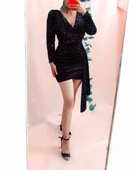 Long Sleeve Sequin V Neck  Bodycon Homecoming Dresses - RongMoon