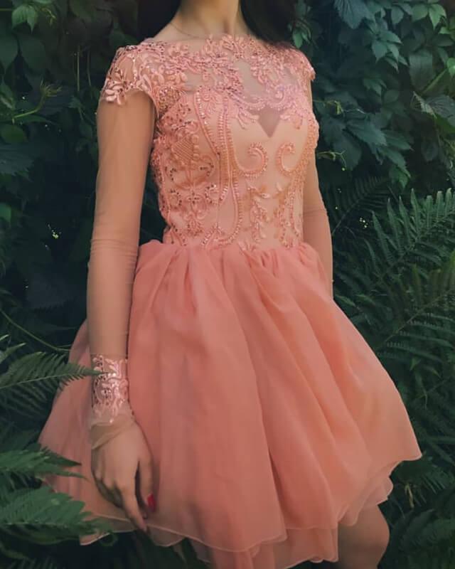 Sheer Long Sleeves Appliques Tulle Party Dress - RongMoon
