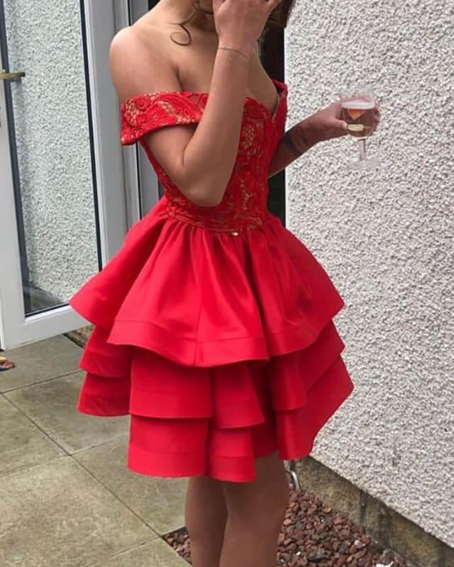 Short Red Ruffles Satin Lace Off The Shoulder Dress - RongMoon