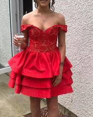 Short Red Ruffles Satin Lace Off The Shoulder Dress - RongMoon