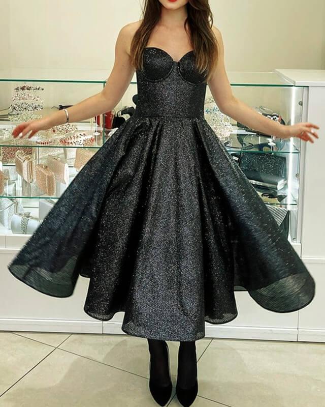 Black Sparkly Midi Corset Dress - RongMoon