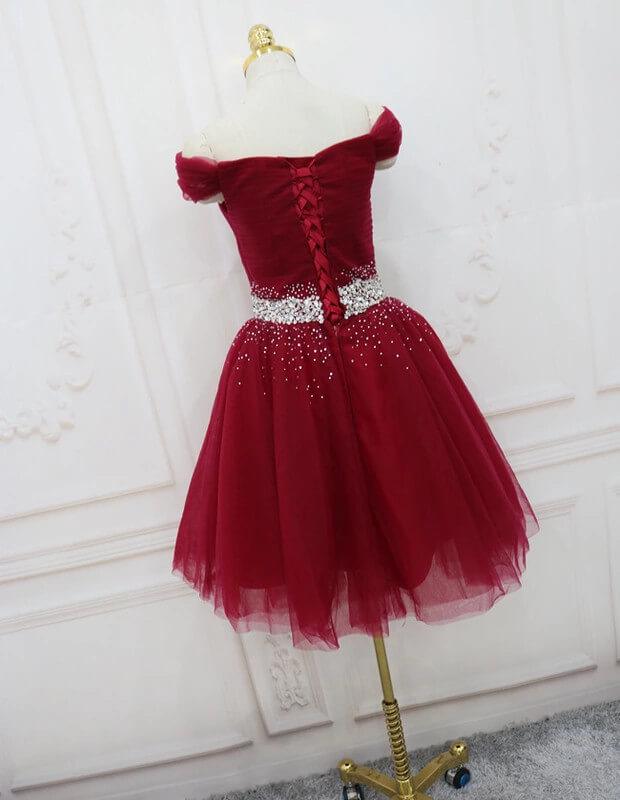 Short Black Tulle Off The Shoulder Dress Beaded Sashes - RongMoon