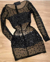 Long Sleeve Black See Through Homecoming Dresses Crystal Beaded - RongMoon