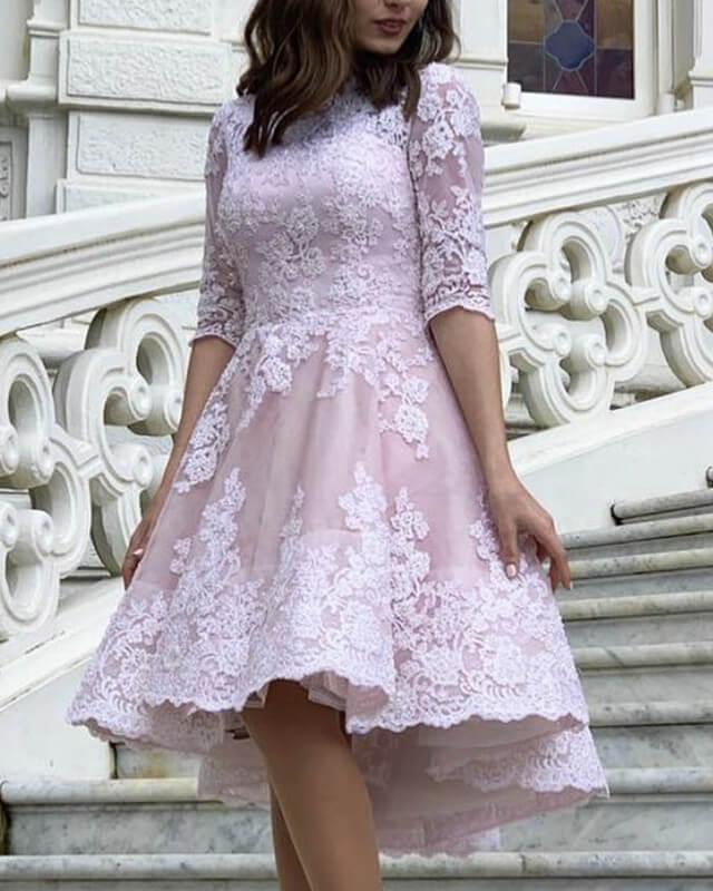 Short Ivory And Pink Dress With Sleeves - RongMoon