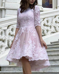 Short Ivory And Pink Dress With Sleeves - RongMoon