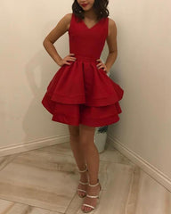 Short Red Satin V-neck Tiered Dress - RongMoon