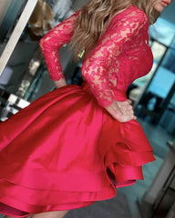 Short Lace Long Sleeve Ruffles Satin Dress - RongMoon