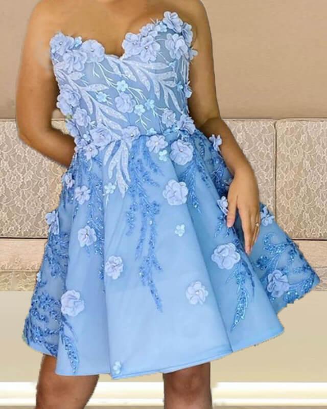 Light Blue 3D Flowers Mini Dress - RongMoon