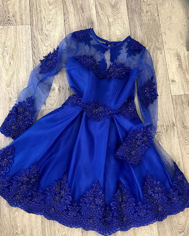 Short Royal Blue Long Sleeves Appliques Homecoming Dress - RongMoon