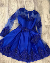 Short Royal Blue Long Sleeves Appliques Homecoming Dress - RongMoon