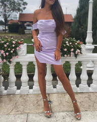 Short Tight Lavender Satin Ruched Homecoming Dresses - RongMoon