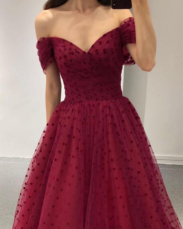 Burgundy Dot Tulle Midi Homecoming Dresses - RongMoon