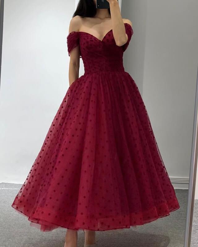 Burgundy Dot Tulle Midi Homecoming Dresses - RongMoon