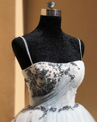 Short White Tulle Spaghetti Strap Dresses With Pearl Beaded - RongMoon