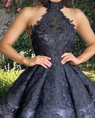 Short Black Lace Halter Dress - RongMoon